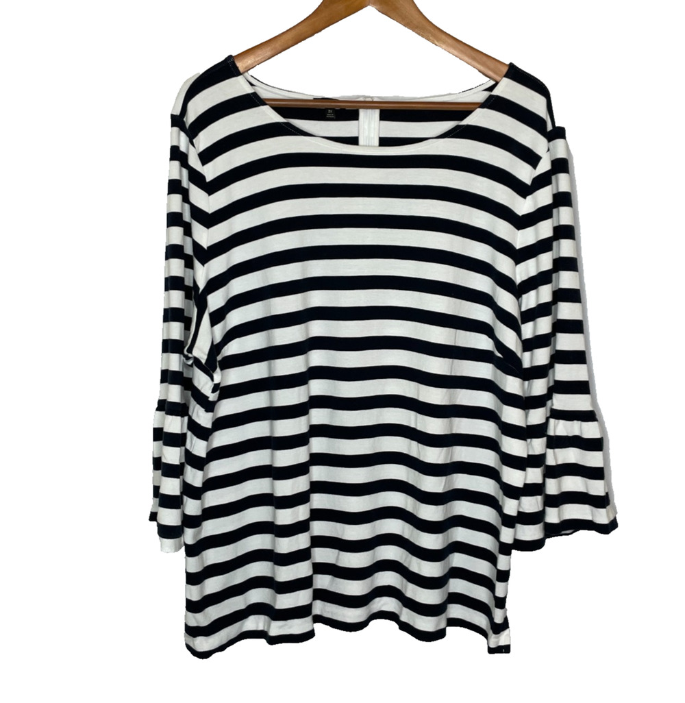 Women's 3X Talbots Black White Stripe Bell Sleeve Cotton T-Shirt